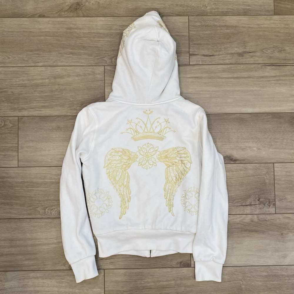 Vintage White And Gold Wings Quilted Lined Hoodie Women's Size Large Fairy Y2K